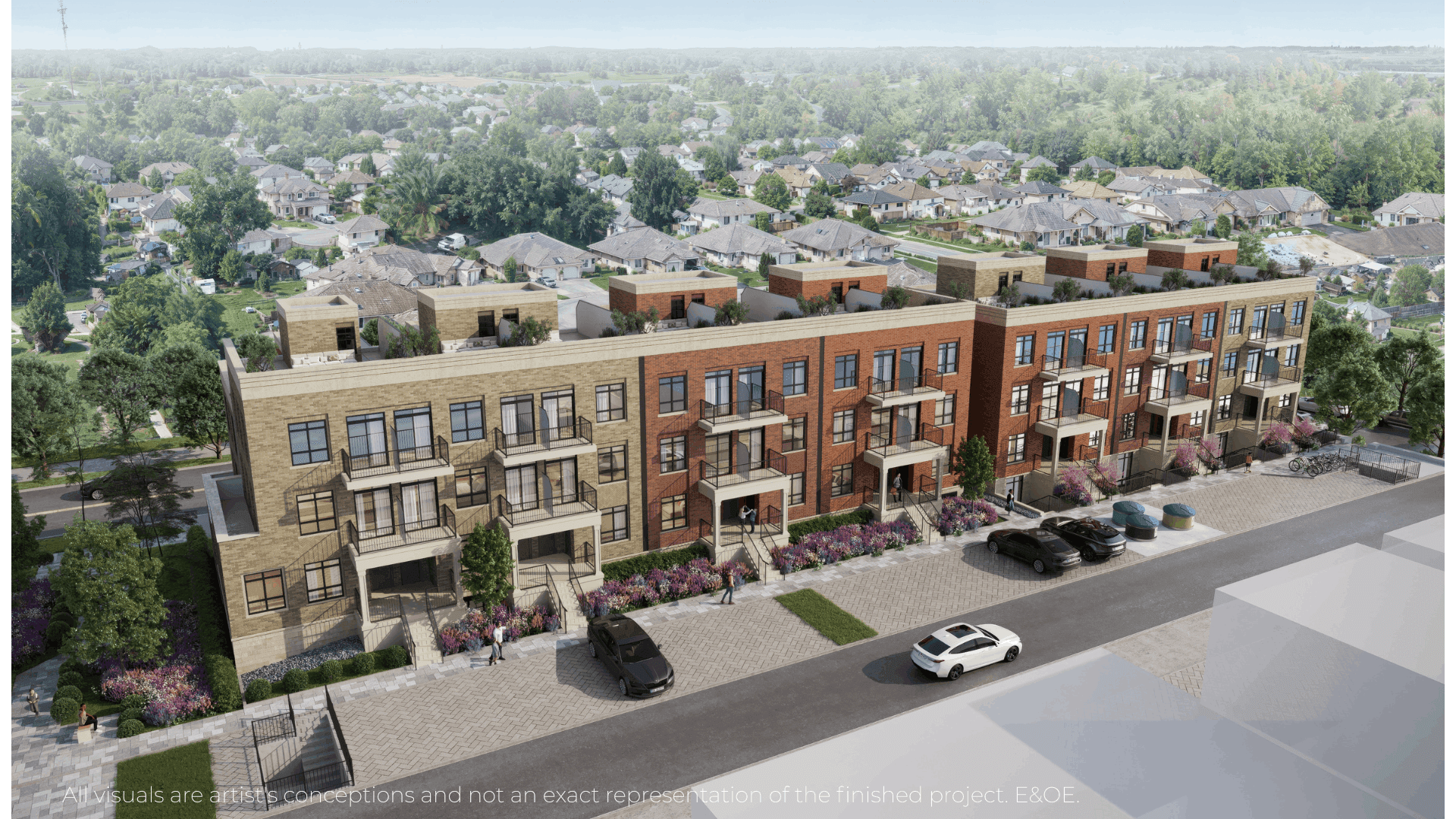 Aerial view of new homes at Warbler Place Urban Village in Welland Ontario