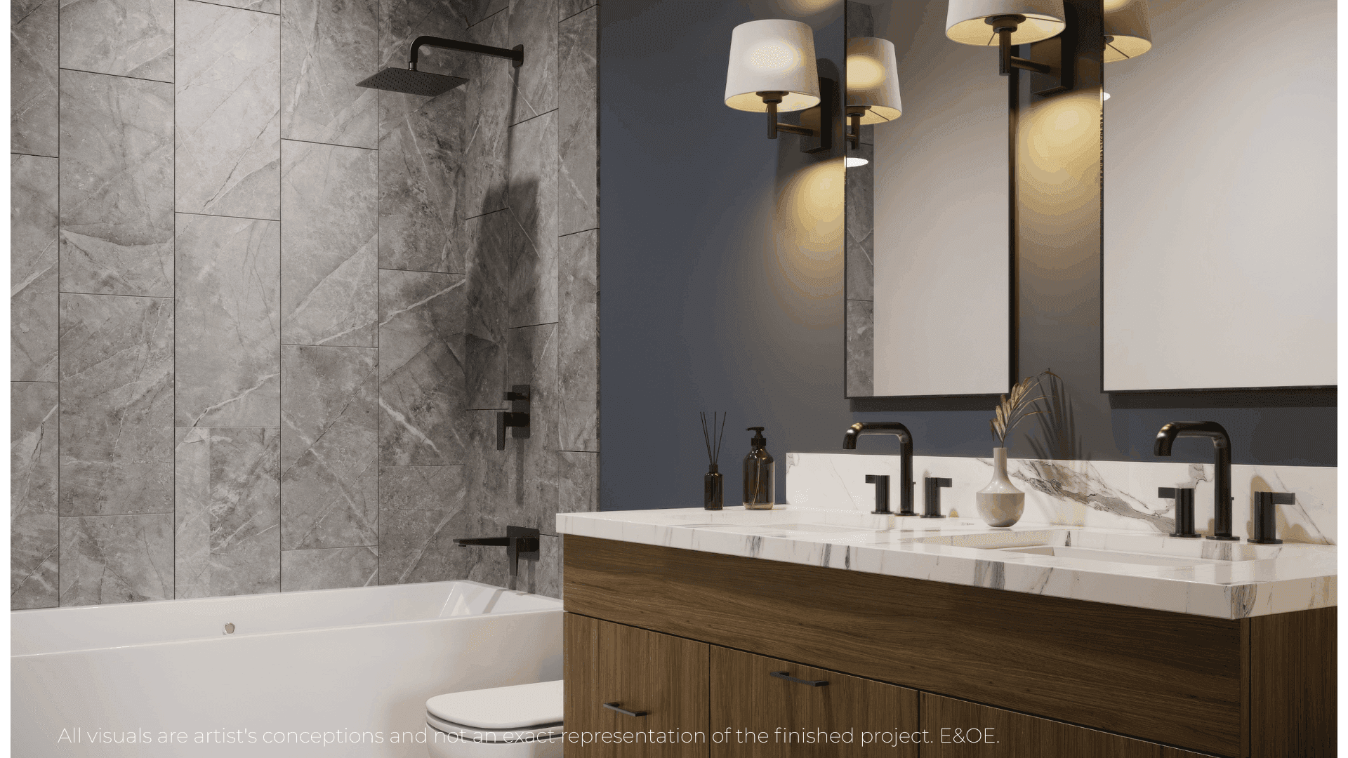 Primary bathroom with double vanity at Warbler Place