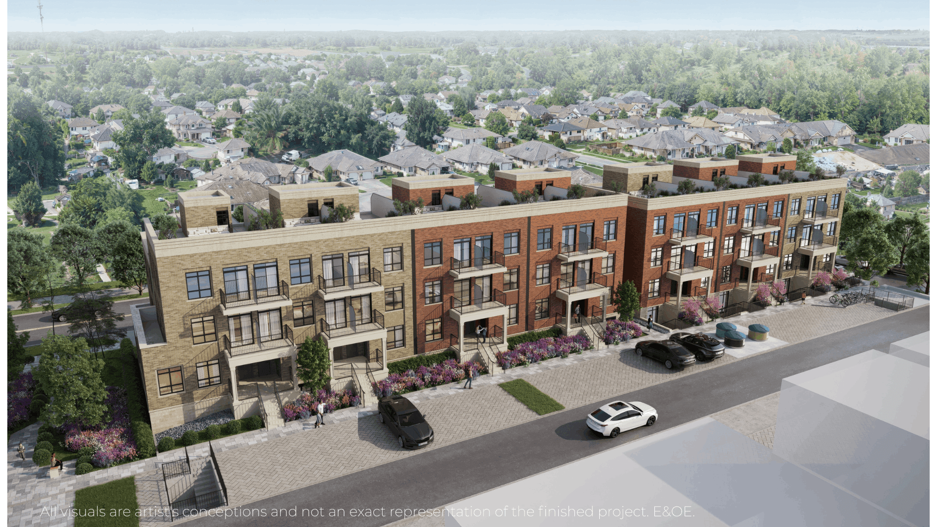 Aerial view of new homes at Warbler Place Urban Village in Welland Ontario