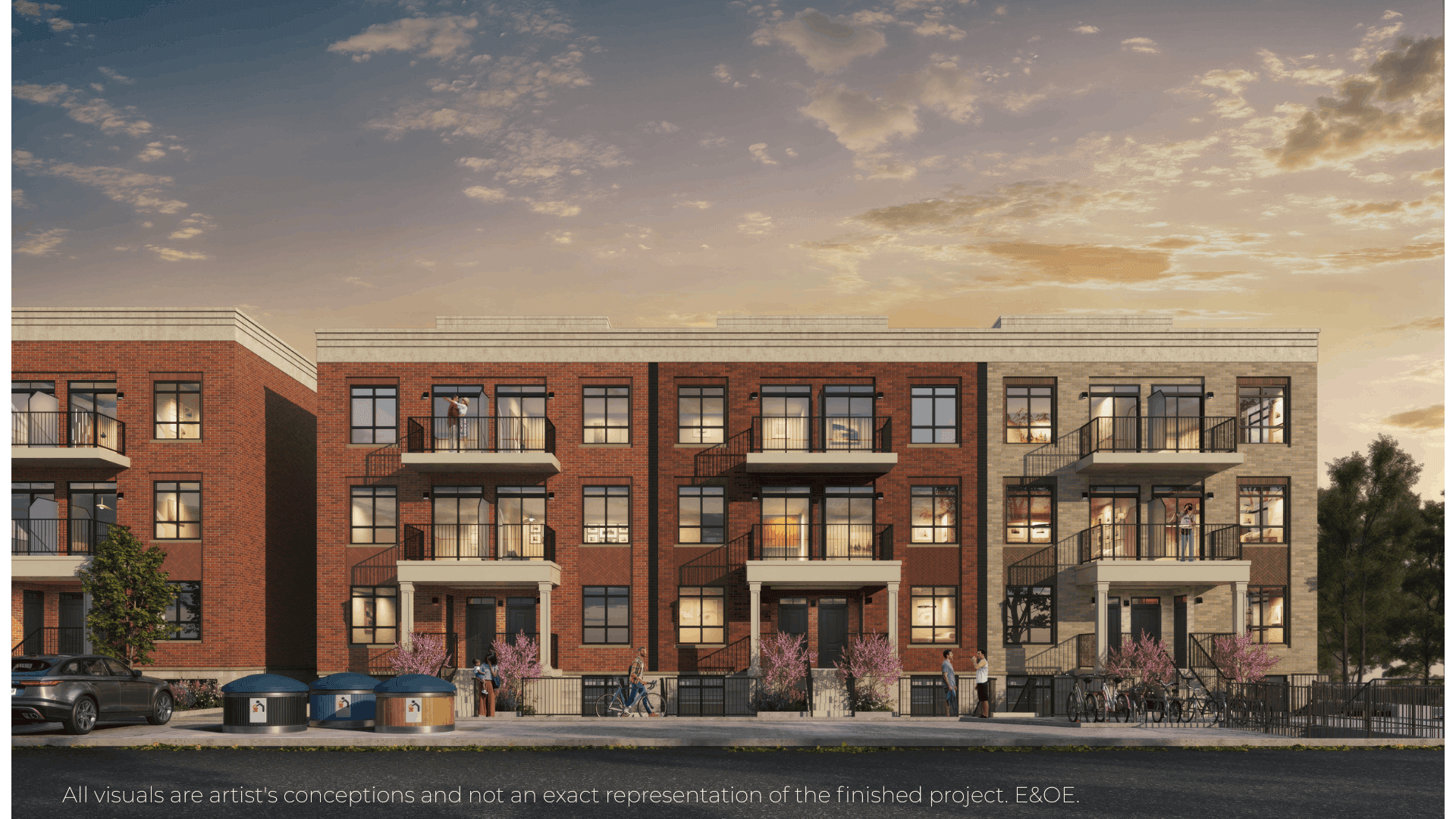 Evening view of Warbler Place condos and townhouses in Welland Ontario